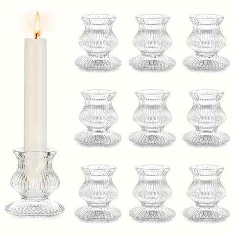 10-Pack Clear Glass Taper Candle Holders, Ribbed Mini Crystal Candlesticks Set for Home Decor, Event & Wedding Party Table Centerpieces, Versatile Holiday Decorations - No Electricity Needed CozyHaus