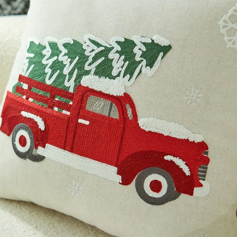 Vintage Red Truck and Christmas Tree Embroidered Throw Pillow Covers, Set of 1, Linen and Polyester Blend, Decorative Cushion Cases with Zipper for Home Decor, Spot-Clean, Suitable for Various Room Types - 43.18x43.18 cm CozyHaus