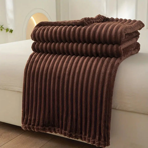 1pc Luxury Solid Color Wide Ribbed Throw Blanket, Soft Plush Flannel Blanket, Cozy Bedding, Sofa Decor, Without Pillowcase Or Insert CozyHaus