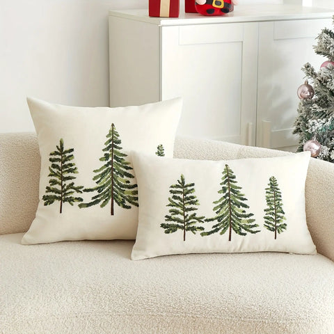 1pc Festive Green Christmas Tree Embroidered Throw Pillow Cover - Perfect for Holiday Home Decor, Machine Washable, Zip Closure, Linen Blend CozyHaus