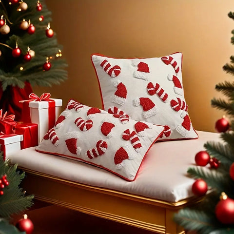 Christmas Plush Throw Pillow Cover 44.96cm - Festive Red & White, Zip Closure, Machine Washable Polyester - Perfect for Sofa and Bedroom Decor CozyHaus