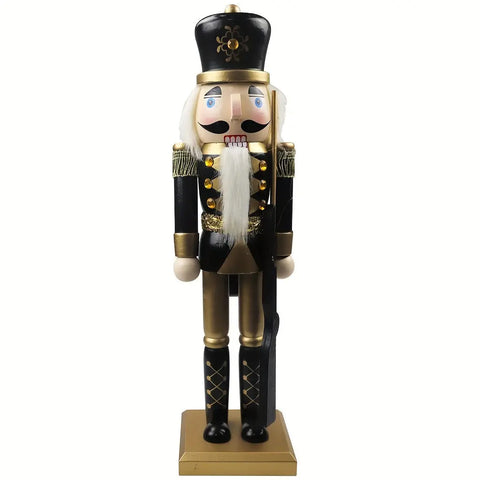 1pc Wooden Nutcracker Figurine, 15-Inch Black And Golden Soldier With Rifle, Festive Christmas Tabletop Decor, Holiday Ornament, Traditional Wood Craftsmanship CozyHaus