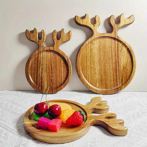 1PCS Christmas Reindeer Antler Serving Tray, Acacia Wood Multifunctional Platter for Afternoon Tea, Dinner, and Home Gatherings, Polished Wood Finish, Seasonal Holiday Themed for Christmas, Halloween, St. Patrick's Day, Valentine's Day - Decorative Wooden CozyHaus