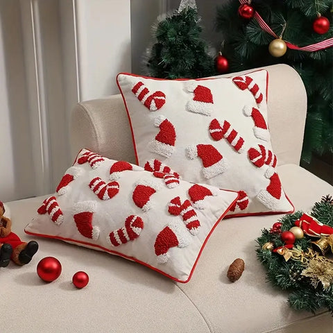 Christmas Plush Throw Pillow Cover 44.96cm - Festive Red & White, Zip Closure, Machine Washable Polyester - Perfect for Sofa and Bedroom Decor CozyHaus