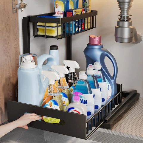 2-Tier Pull-Out Under Sink Organizer - Metal Storage Shelf for Kitchen & Bathroom Cabinets, Space-Saving Design CozyHaus