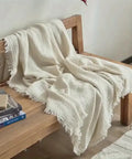 Ultra-Soft 100% Cotton Crinkle Yarn Throw Blanket in Cream with Tassels - Perfect for All Seasons, Cozy Nap & Bedding Accessory CozyHaus