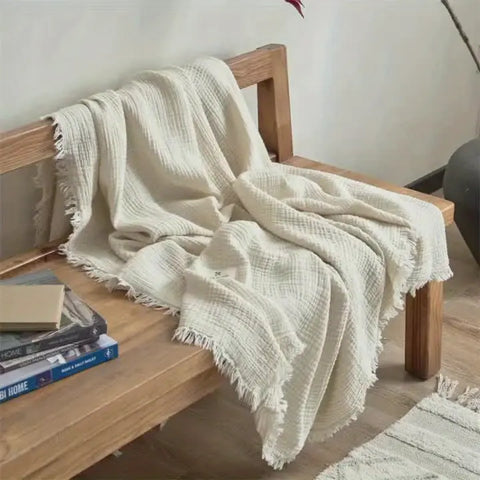 Ultra-Soft 100% Cotton Crinkle Yarn Throw Blanket in Cream with Tassels - Perfect for All Seasons, Cozy Nap & Bedding Accessory CozyHaus