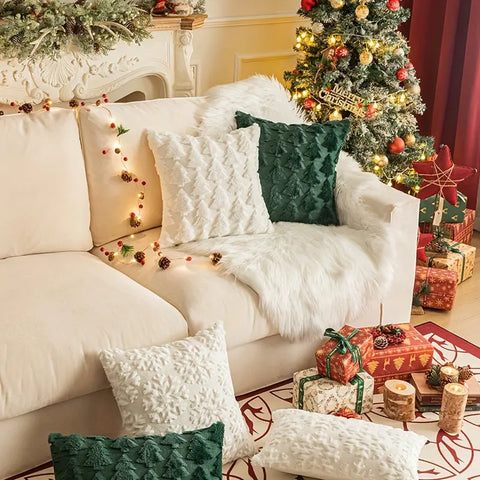 1pc/2pcs, Christmas Plush Pillow Cover Single Side Embroidered Wool Snowflake Christmas Tree Living Room Sofa Cushion Party Decoration Pillow Cover CozyHaus