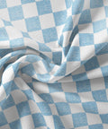 Retro douchegordijn blauw Closeup