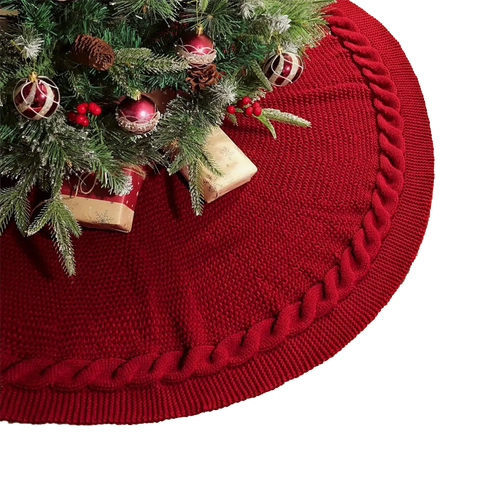 Festive Knitted Christmas Tree Skirt in Red and Ivory - Perfect for Holiday Decorating CozyHaus