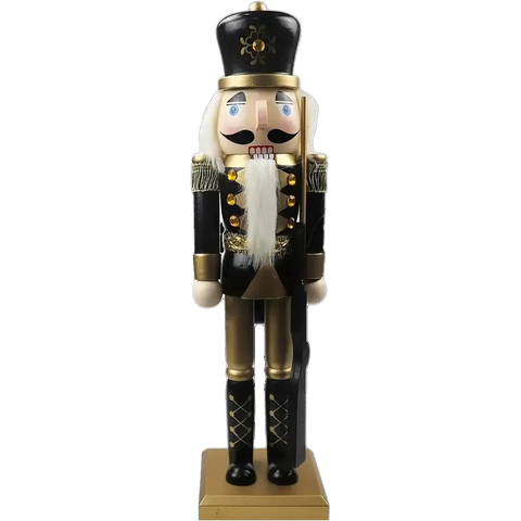 1pc Wooden Nutcracker Figurine, 15-Inch Black And Golden Soldier With Rifle, Festive Christmas Tabletop Decor, Holiday Ornament, Traditional Wood Craftsmanship CozyHaus