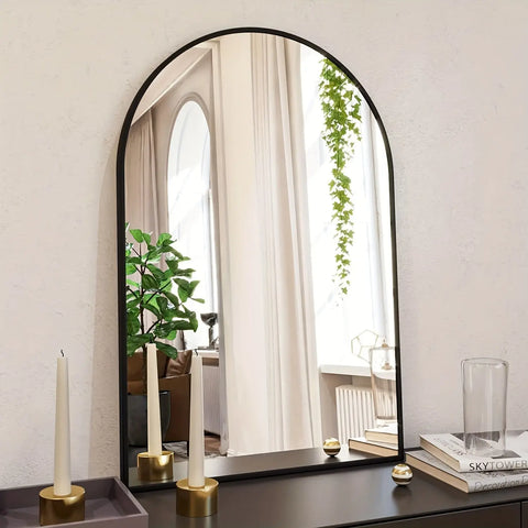 Elegant Arched Wall-Mounted Vanity Mirror with Aluminum Frame - Rust-Proof, Glass Surface for Bathroom & Bedroom Decor - Available in Golden, Black, White, Silvery CozyHaus