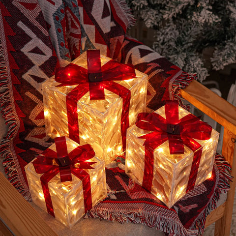 Set Of 3 ChristmasLighted Gift Boxes, Transparent Warm White Lighted Christmas Box Decrations, Presents Boxs With Red Bows For Christams Tree, Yard, Home, Christams Outdoor Decoration CozyHaus