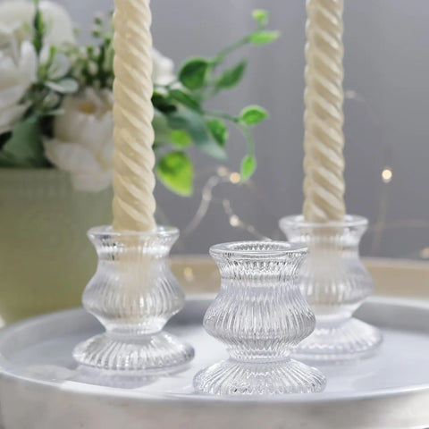 10-Pack Clear Glass Taper Candle Holders, Ribbed Mini Crystal Candlesticks Set for Home Decor, Event & Wedding Party Table Centerpieces, Versatile Holiday Decorations - No Electricity Needed CozyHaus