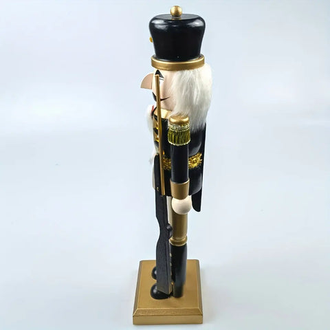 1pc Wooden Nutcracker Figurine, 15-Inch Black And Golden Soldier With Rifle, Festive Christmas Tabletop Decor, Holiday Ornament, Traditional Wood Craftsmanship CozyHaus