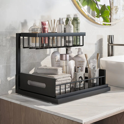 2-Tier Pull-Out Under Sink Organizer - Metal Storage Shelf for Kitchen & Bathroom Cabinets, Space-Saving Design CozyHaus