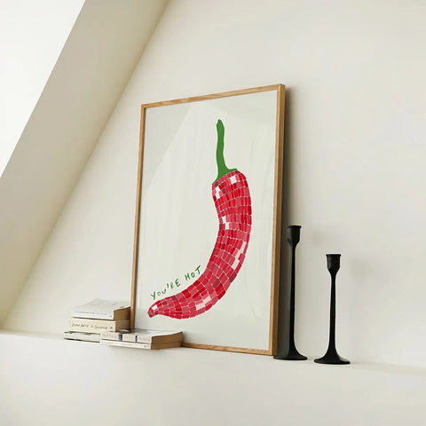 Chic "You're Hot" Red Chili Pepper Art Deco Poster - Modern Minimalist Kitchen Wall Art - Fashion Vintage Food Illustration - Trendy Retro Spring/Summer Decor - Painted Style Frameless Print CozyHaus