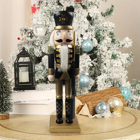 1pc Wooden Nutcracker Figurine, 15-Inch Black And Golden Soldier With Rifle, Festive Christmas Tabletop Decor, Holiday Ornament, Traditional Wood Craftsmanship CozyHaus