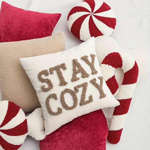 Classic Stripe Pattern Christmas Festive Candy-Shaped Embroidered Velour Throw Pillow - Hand Washable, Woven Polyester Fabric, No Print, for Living Room, Bedroom, Garden, Party Decor (Single Pack) CozyHaus