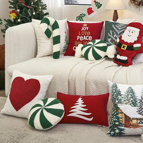 Classic Stripe Pattern Christmas Festive Candy-Shaped Embroidered Velour Throw Pillow - Hand Washable, Woven Polyester Fabric, No Print, for Living Room, Bedroom, Garden, Party Decor (Single Pack) CozyHaus