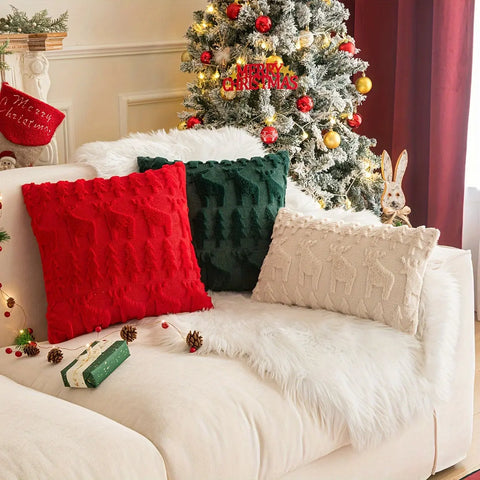 1pc/2pcs, Christmas Plush Pillow Cover Single Side Embroidered Wool Snowflake Christmas Tree Living Room Sofa Cushion Party Decoration Pillow Cover CozyHaus