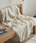 Ultra-Soft 100% Cotton Crinkle Yarn Throw Blanket in Cream with Tassels - Perfect for All Seasons, Cozy Nap & Bedding Accessory CozyHaus