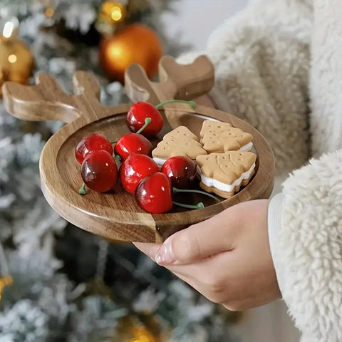 1PCS Christmas Reindeer Antler Serving Tray, Acacia Wood Multifunctional Platter for Afternoon Tea, Dinner, and Home Gatherings, Polished Wood Finish, Seasonal Holiday Themed for Christmas, Halloween, St. Patrick's Day, Valentine's Day - Decorative Wooden CozyHaus