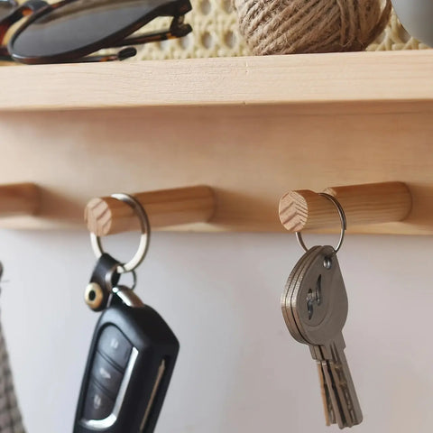 Vintage Houten Wandplank met Haakjes – Stijlvolle Opberger voor Hal, Kantoor of Woonkamer CozyHaus