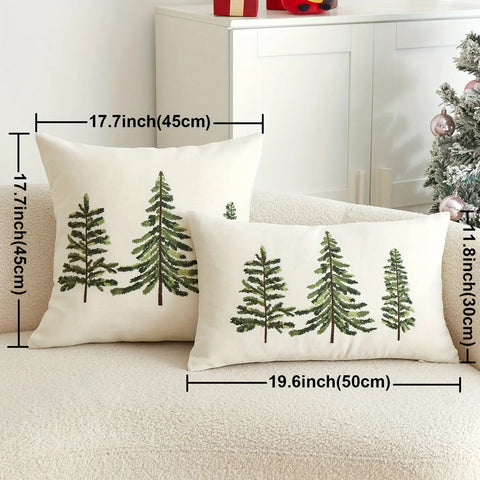 1pc Festive Green Christmas Tree Embroidered Throw Pillow Cover - Perfect for Holiday Home Decor, Machine Washable, Zip Closure, Linen Blend CozyHaus