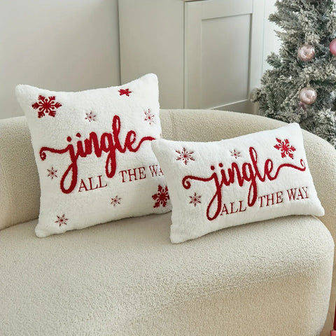 Jingle Bell Embroidered Throw Pillow Cover - Festive Christmas & Winter Decor, Soft Faux Fur, Zip Closure, Hand Wash Only - Perfect for Living Room, Bedroom, and Parties CozyHaus