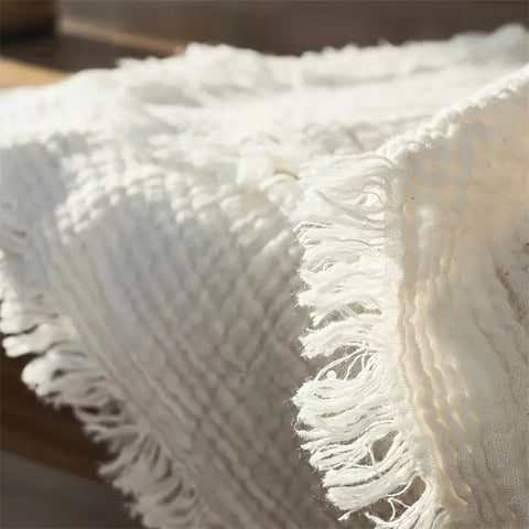 Ultra-Soft 100% Cotton Crinkle Yarn Throw Blanket in Cream with Tassels - Perfect for All Seasons, Cozy Nap & Bedding Accessory CozyHaus