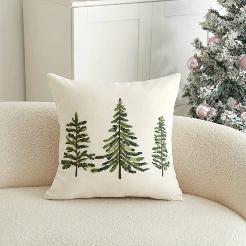 1pc Festive Green Christmas Tree Embroidered Throw Pillow Cover - Perfect for Holiday Home Decor, Machine Washable, Zip Closure, Linen Blend CozyHaus