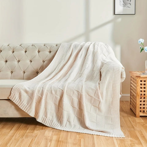 1pc Knit Throw Blanket, White Checkered Throw Blanket For Couch, Soft Cozy Warm Knitted Throw Blanket For Bed Sofa CozyHaus