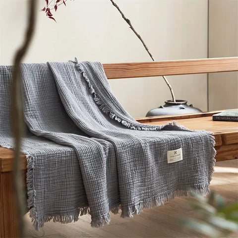 Ultra-Soft 100% Cotton Crinkle Yarn Throw Blanket in Cream with Tassels - Perfect for All Seasons, Cozy Nap & Bedding Accessory CozyHaus