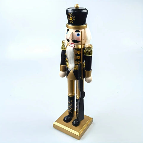 1pc Wooden Nutcracker Figurine, 15-Inch Black And Golden Soldier With Rifle, Festive Christmas Tabletop Decor, Holiday Ornament, Traditional Wood Craftsmanship CozyHaus