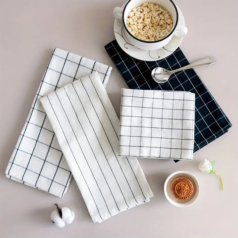 4-Pack Cotton Kitchen Towels Set - Rectangle Woven Dish Cloths, 100% Cotton, Plaid & Striped Patterns, Versatile for Table Napkins, Tea Towels, Cleaning, 40.01 x 59.99 cm - Ideal Housewarming Gift CozyHaus