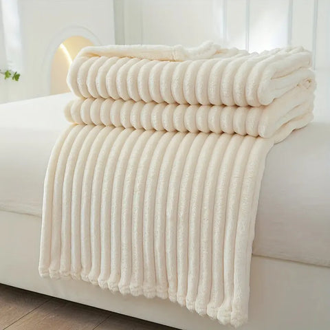 1pc Luxury Solid Color Wide Ribbed Throw Blanket, Soft Plush Flannel Blanket, Cozy Bedding, Sofa Decor, Without Pillowcase Or Insert CozyHaus